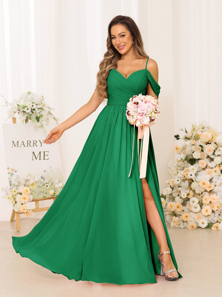 A-Line/Princess Spaghetti Straps Long Bridesmaid Dresses With Split Side Green