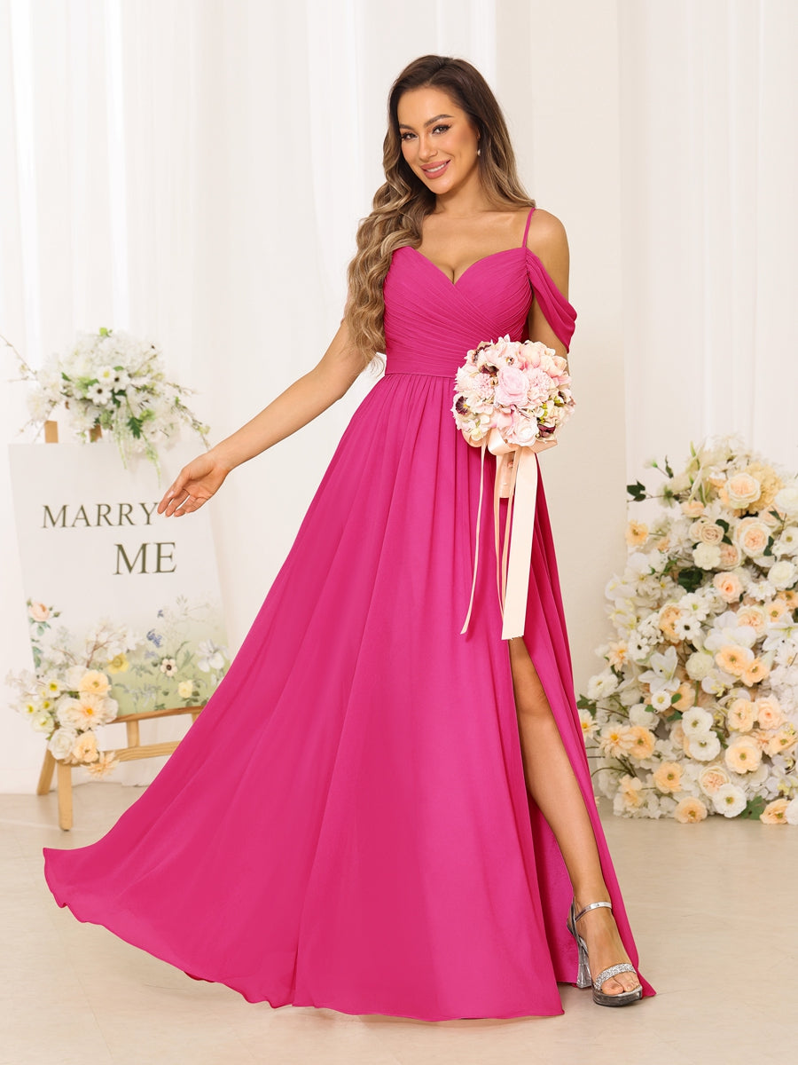 A-Line/Princess Spaghetti Straps Long Bridesmaid Dresses With Split Side Hot Pink