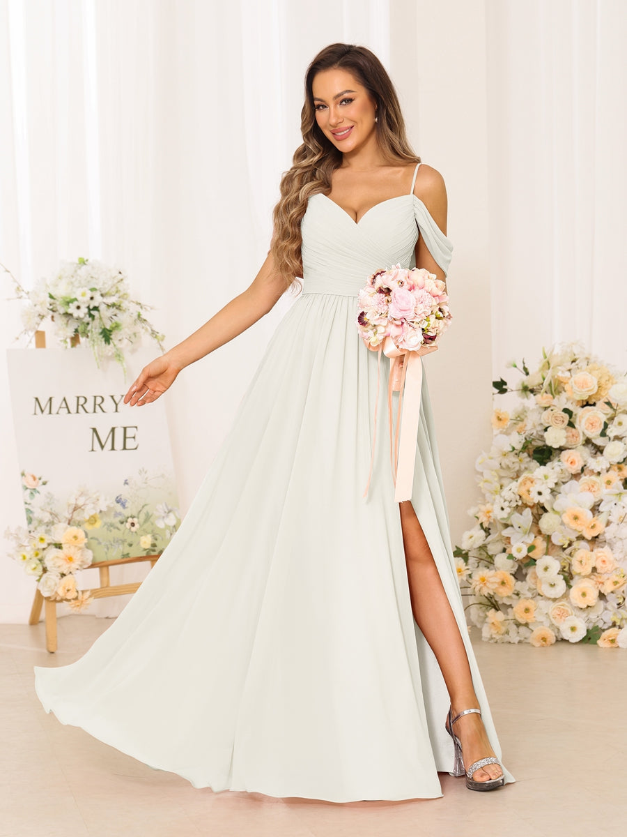 A-Line/Princess Spaghetti Straps Long Bridesmaid Dresses With Split Side Ivory