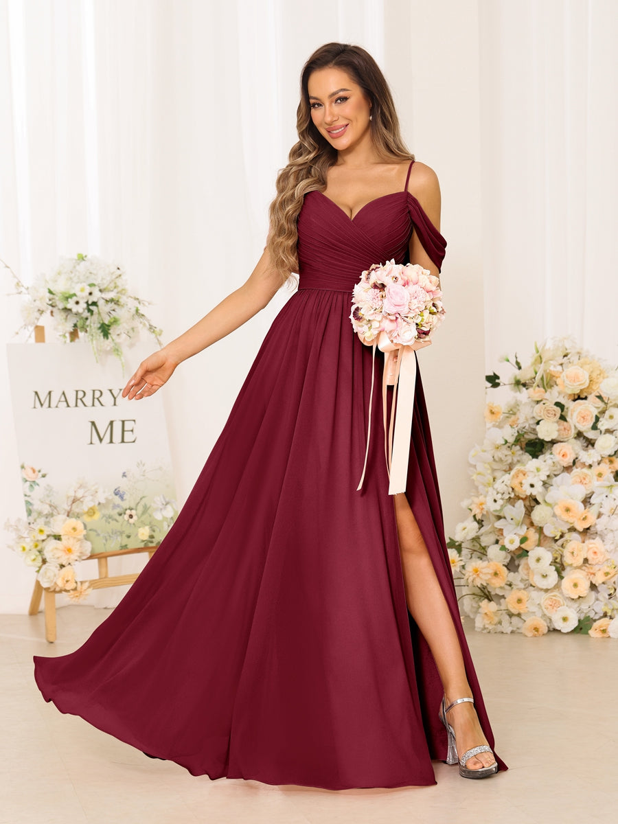 A-Line/Princess Spaghetti Straps Long Bridesmaid Dresses With Split Side Light Burgundy