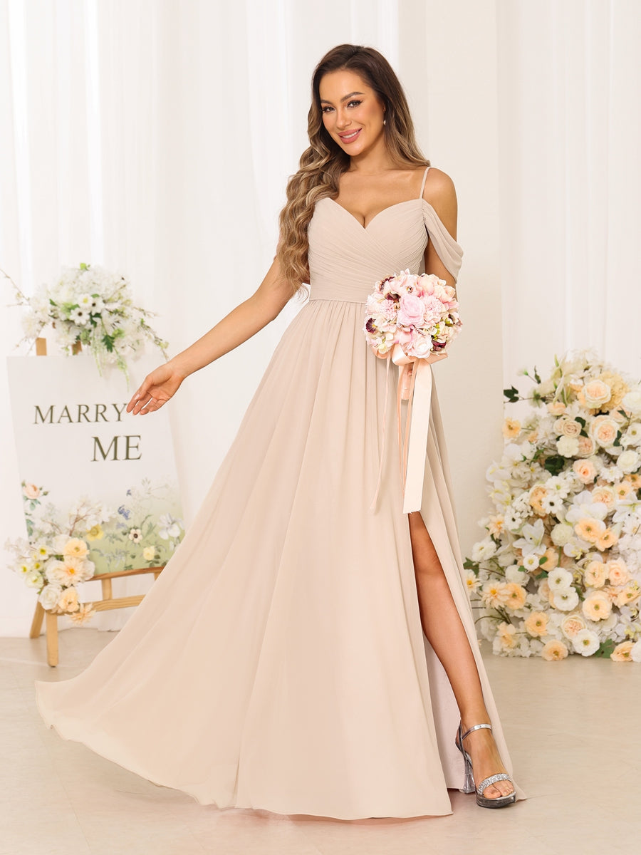 A-Line/Princess Spaghetti Straps Long Bridesmaid Dresses With Split Side Light Champagne