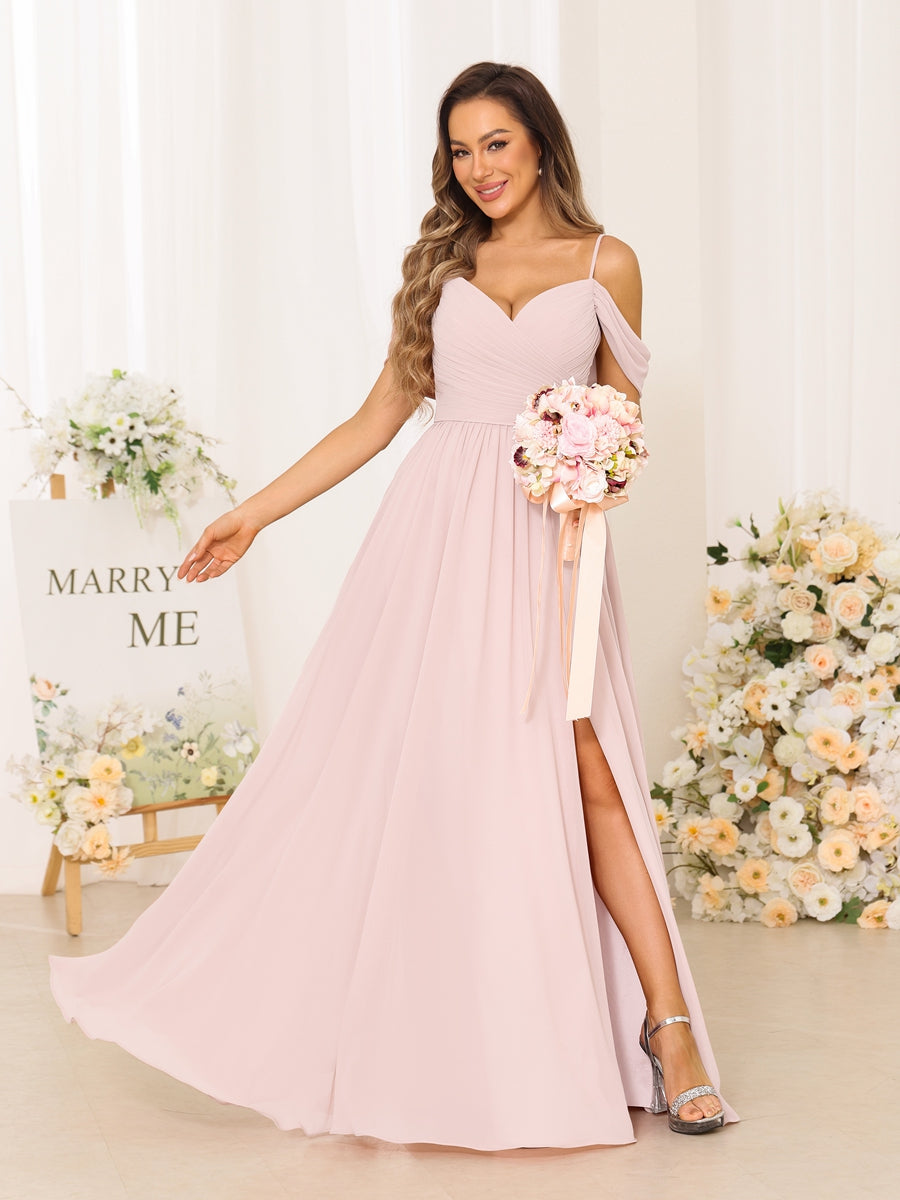A-Line/Princess Spaghetti Straps Long Bridesmaid Dresses With Split Side Fuchsia Pink