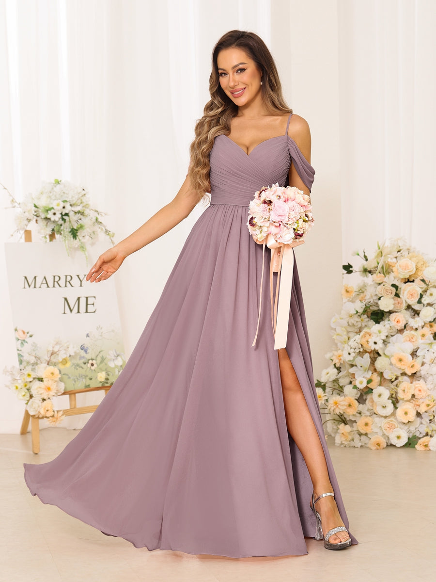 A-Line/Princess Spaghetti Straps Long Bridesmaid Dresses With Split Side Mauve