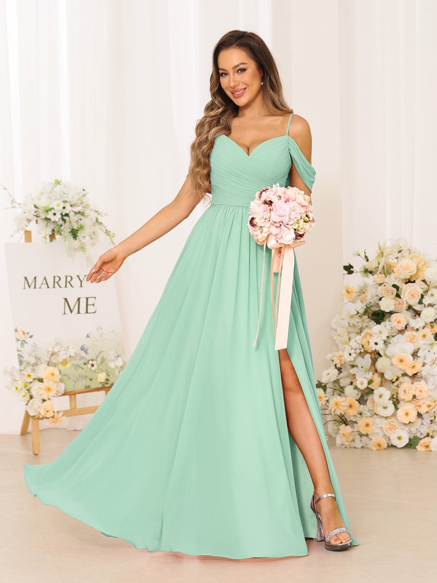 A-Line/Princess Spaghetti Straps Long Bridesmaid Dresses With Split Side Mint Green