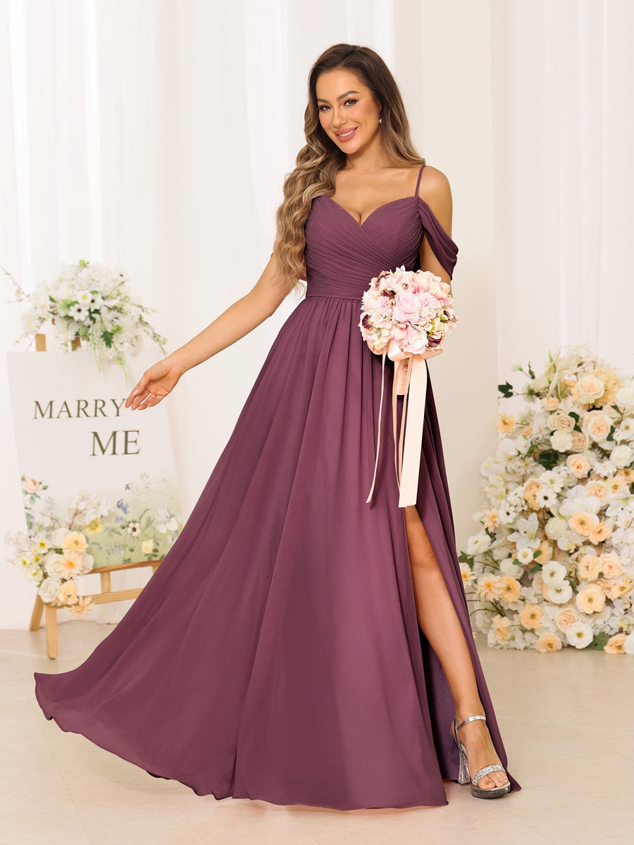 A-Line/Princess Spaghetti Straps Long Bridesmaid Dresses With Split Side Mulberry