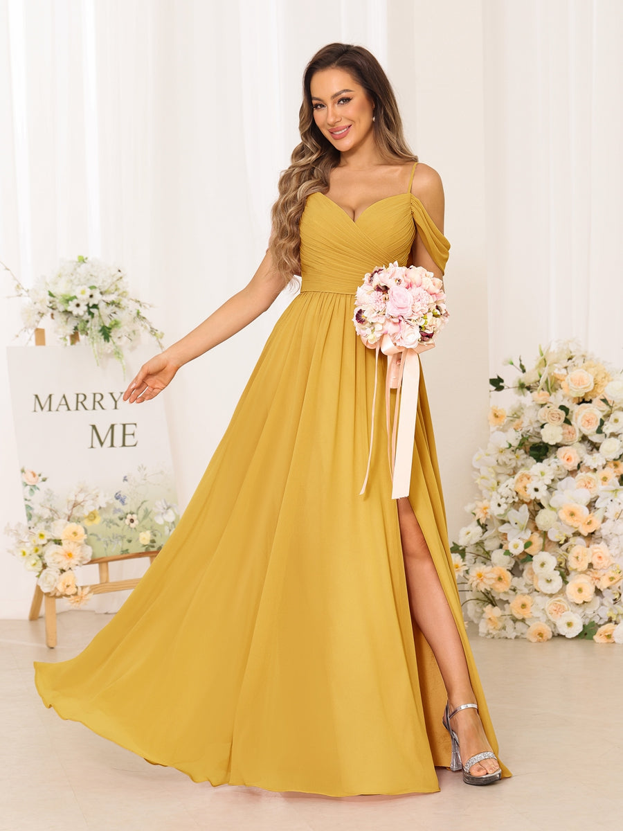 A-Line/Princess Spaghetti Straps Long Bridesmaid Dresses With Split Side Mustard Yellow