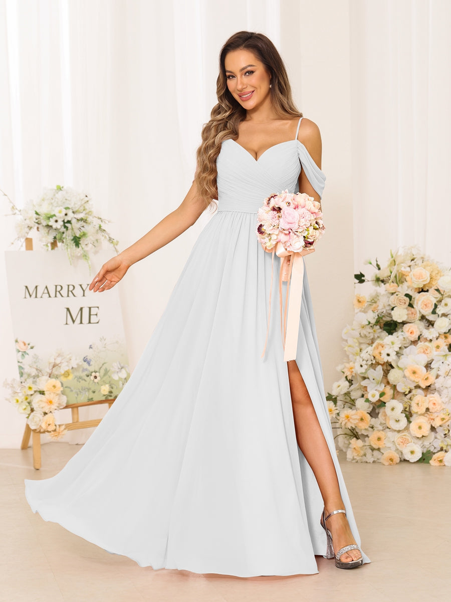 A-Line/Princess Spaghetti Straps Long Bridesmaid Dresses With Split Side Off White