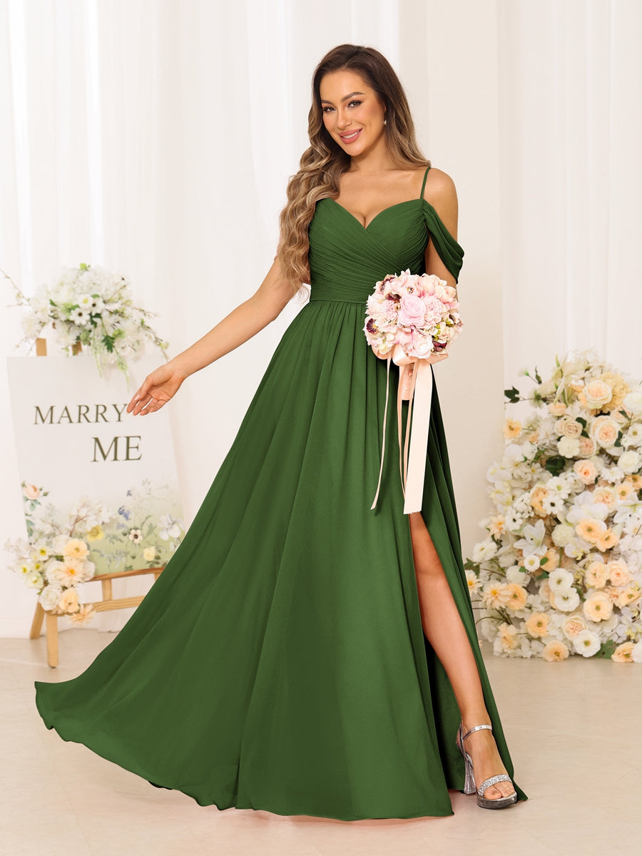 A-Line/Princess Spaghetti Straps Long Bridesmaid Dresses With Split Side Olive Green