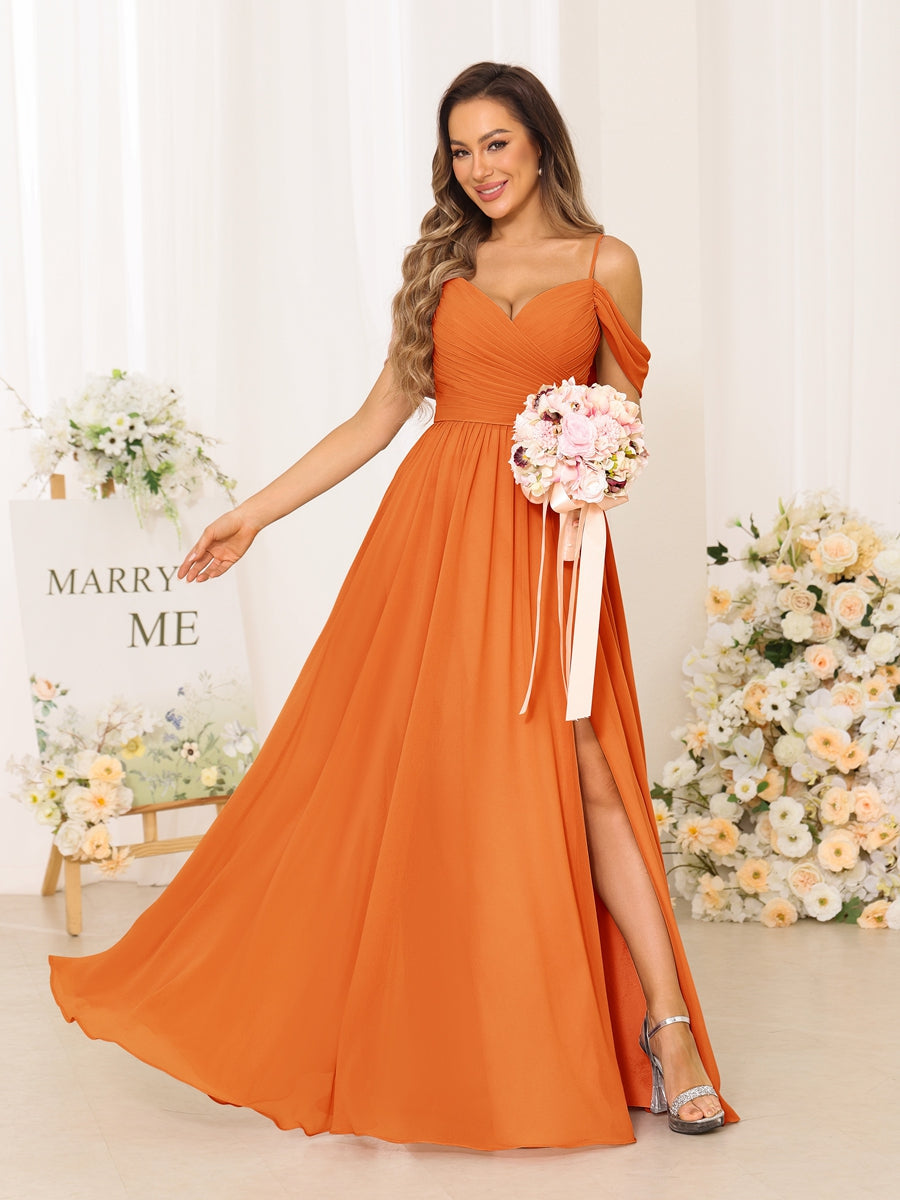 A-Line/Princess Spaghetti Straps Long Bridesmaid Dresses With Split Side Orange