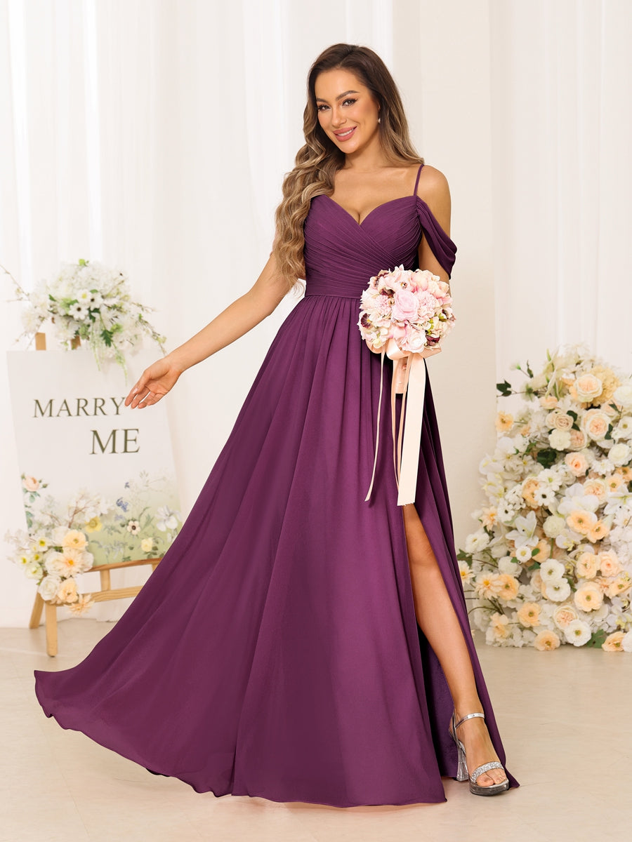 A-Line/Princess Spaghetti Straps Long Bridesmaid Dresses With Split Side Orchid