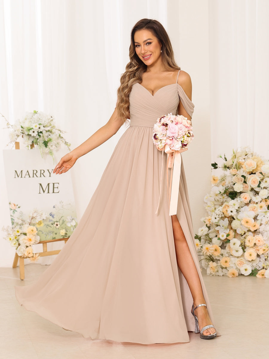 A-Line/Princess Spaghetti Straps Long Bridesmaid Dresses With Split Side Peach Pink