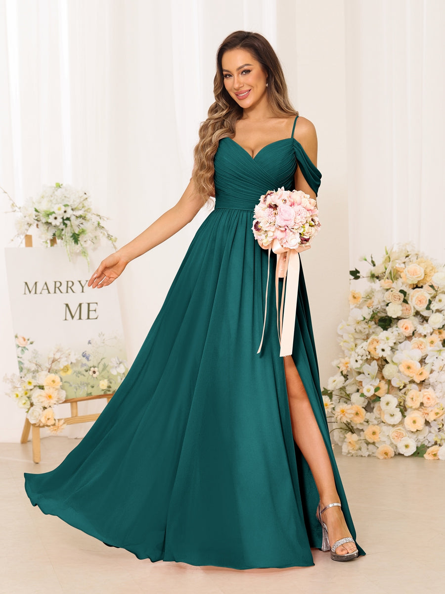 A-Line/Princess Spaghetti Straps Long Bridesmaid Dresses With Split Side Peacock