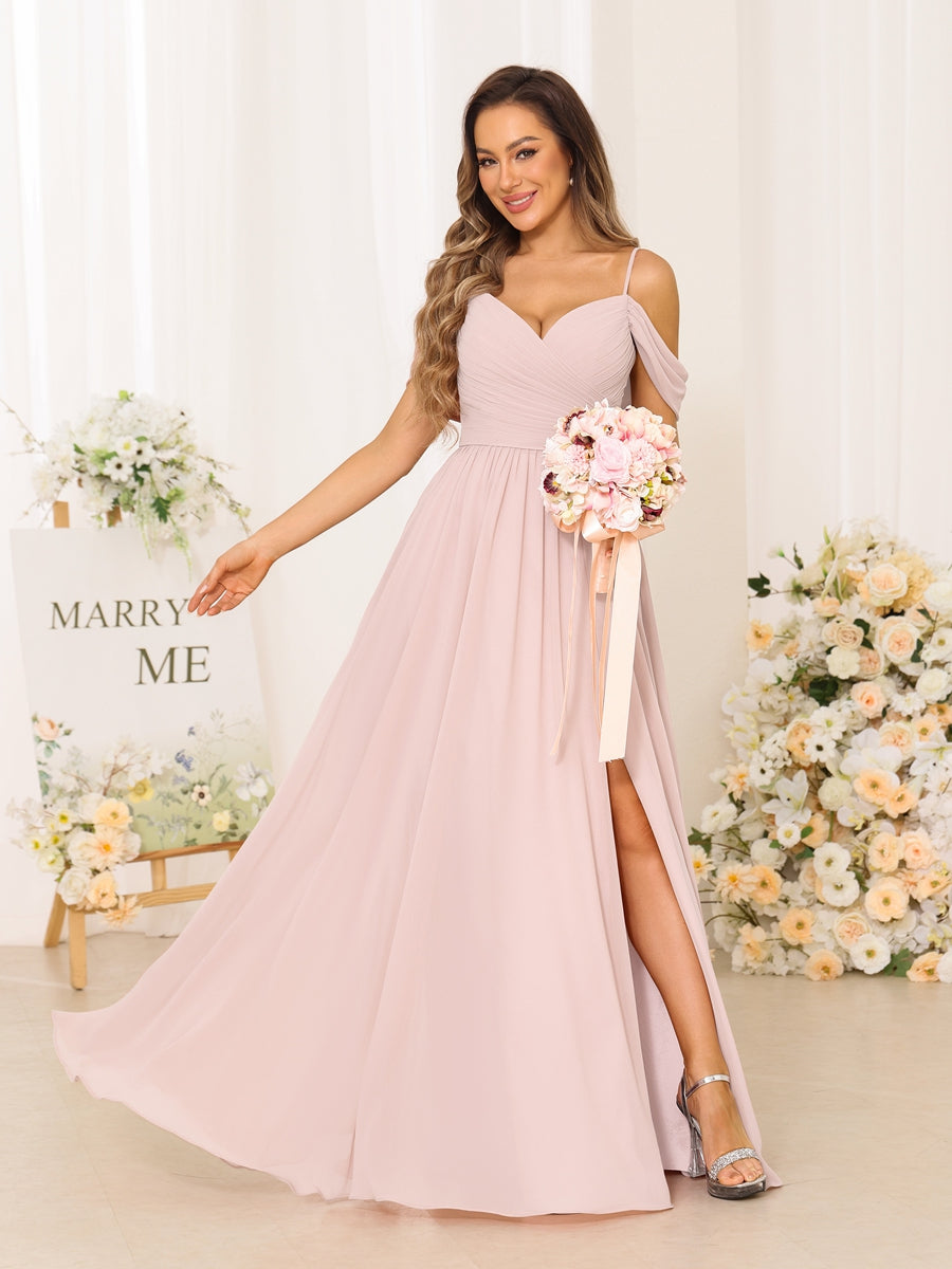 A-Line/Princess Spaghetti Straps Long Bridesmaid Dresses With Split Side Pearl Pink