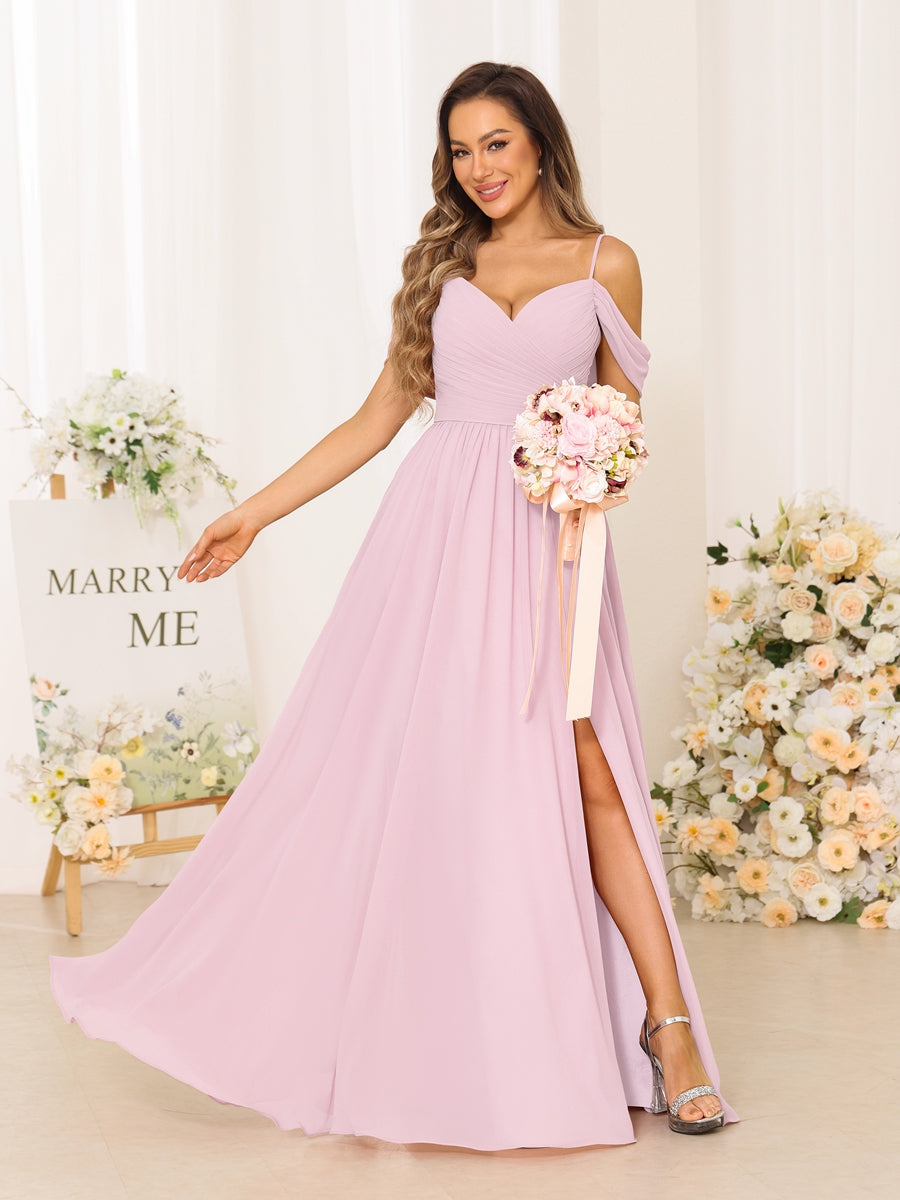 A-Line/Princess Spaghetti Straps Long Bridesmaid Dresses With Split Side Pink