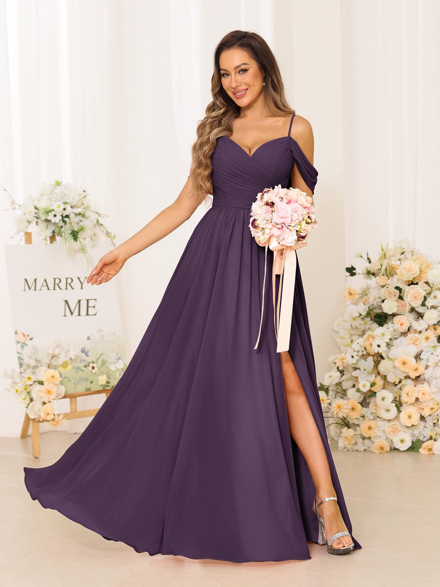 A-Line/Princess Spaghetti Straps Long Bridesmaid Dresses With Split Side Plum