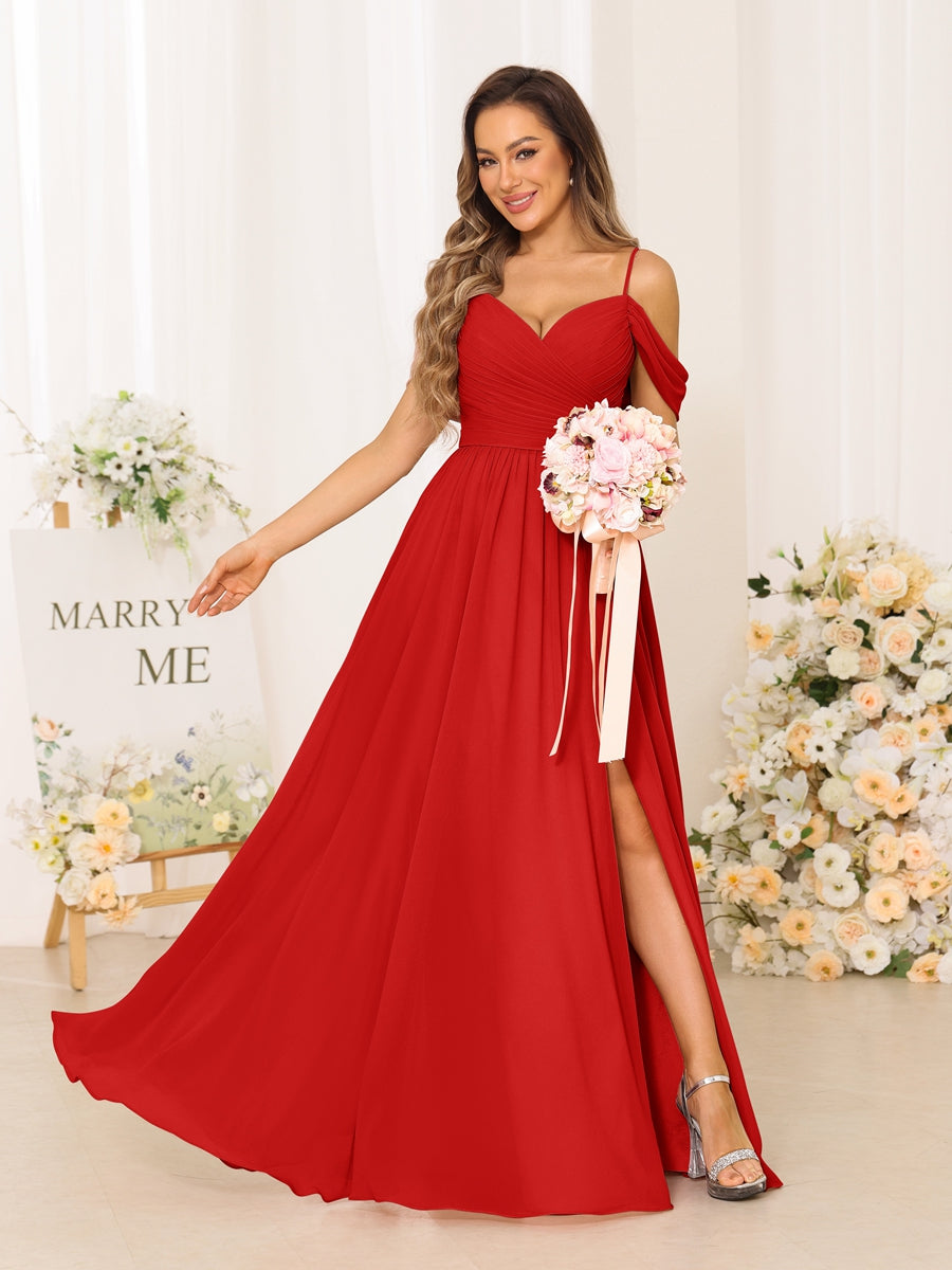 A-Line/Princess Spaghetti Straps Long Bridesmaid Dresses With Split Side Red