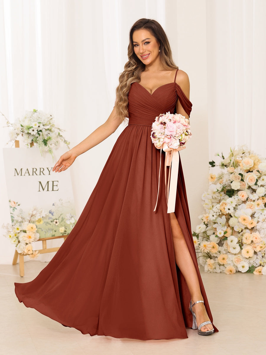A-Line/Princess Spaghetti Straps Long Bridesmaid Dresses With Split Side Rust