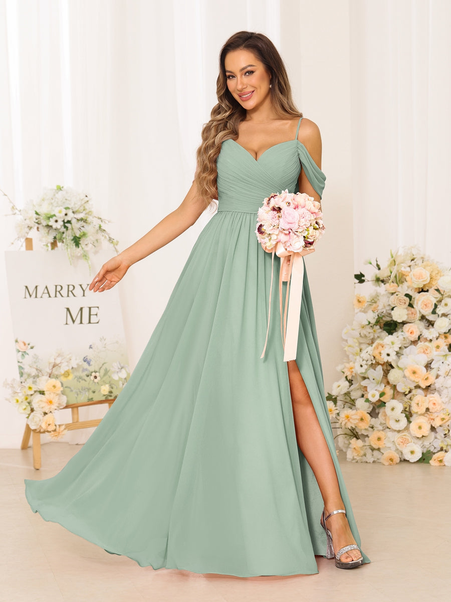 A-Line/Princess Spaghetti Straps Long Bridesmaid Dresses With Split Side Sage