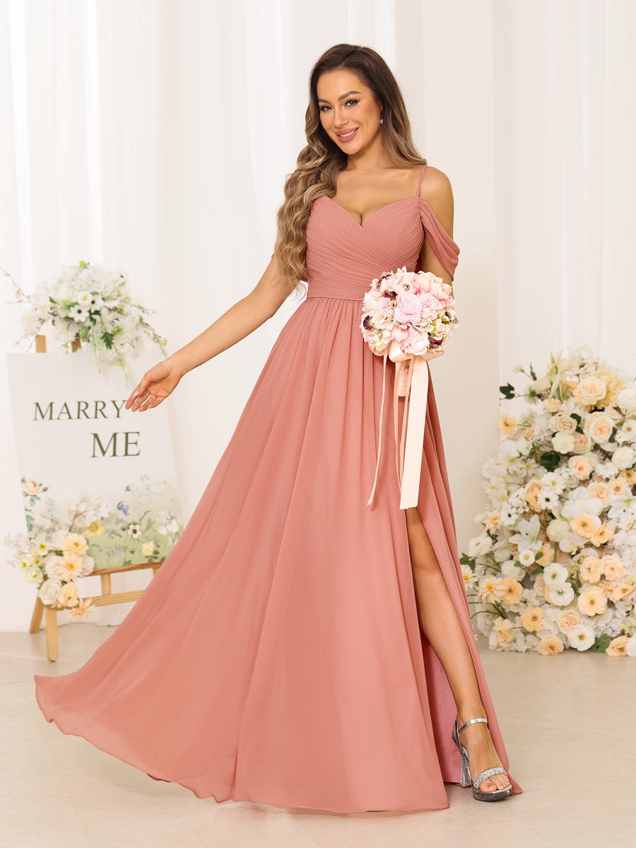 A-Line/Princess Spaghetti Straps Long Bridesmaid Dresses With Split Side Salmon