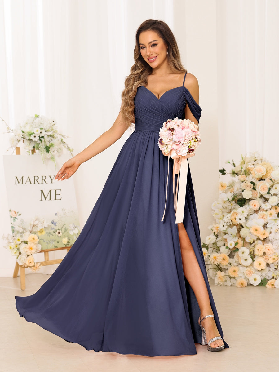 A-Line/Princess Spaghetti Straps Long Bridesmaid Dresses With Split Side Stormy Blue