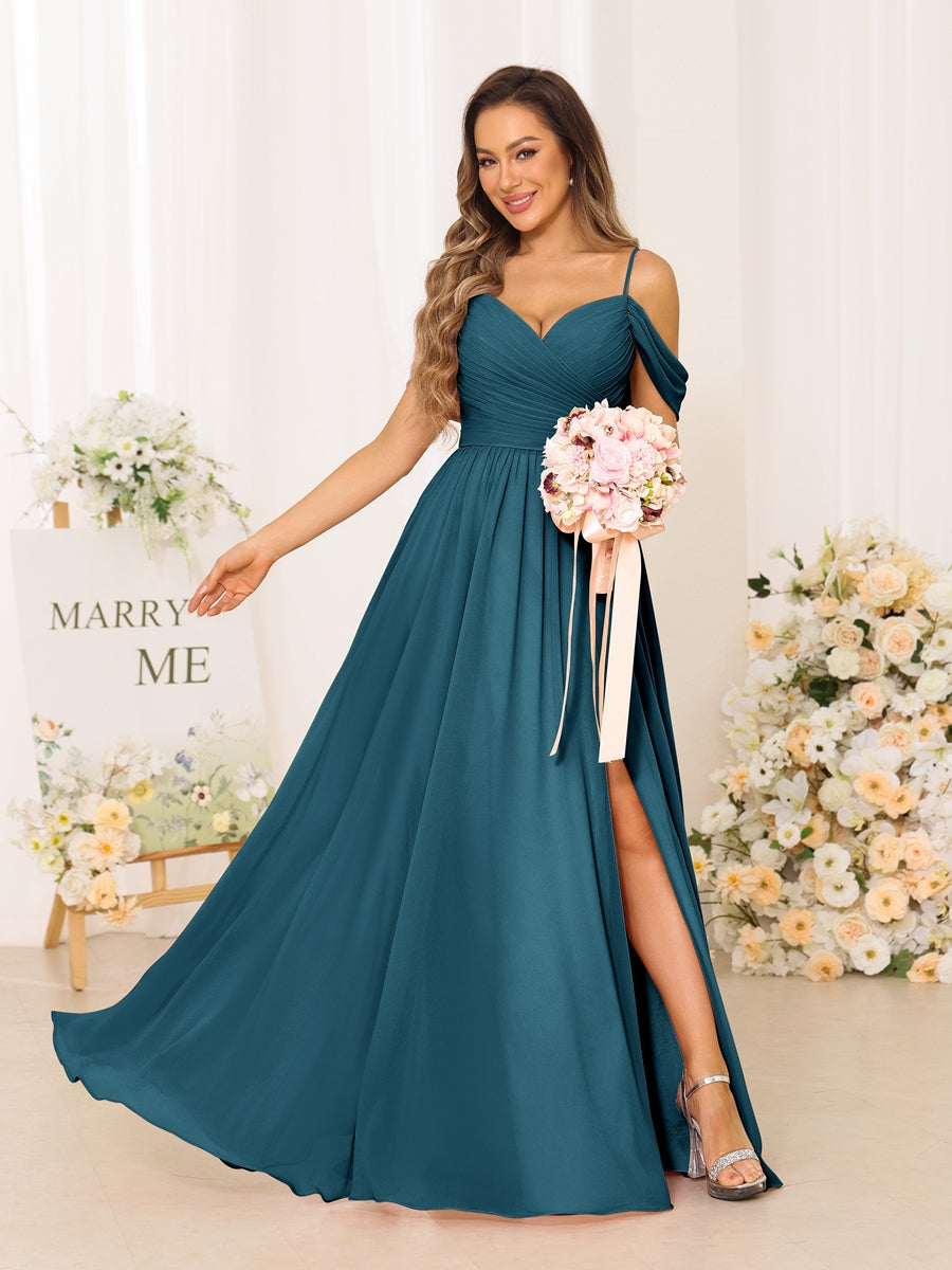 A-Line/Princess Spaghetti Straps Long Bridesmaid Dresses With Split Side Teal