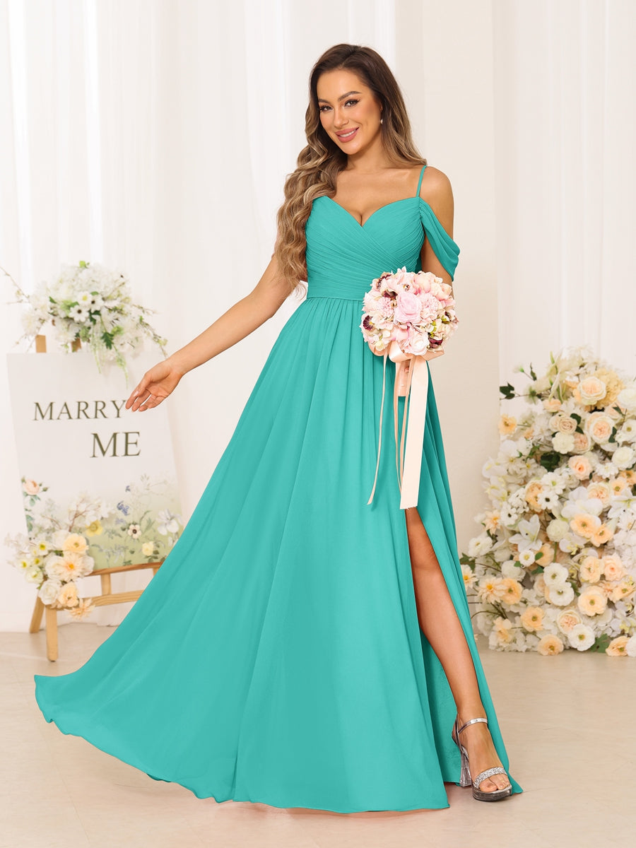 A-Line/Princess Spaghetti Straps Long Bridesmaid Dresses With Split Side Turquoise