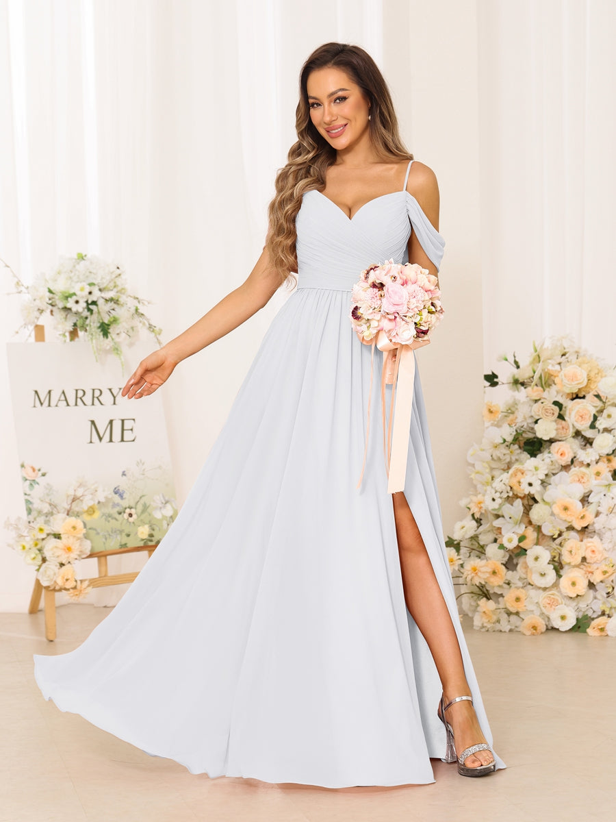 A-Line/Princess Spaghetti Straps Long Bridesmaid Dresses With Split Side White