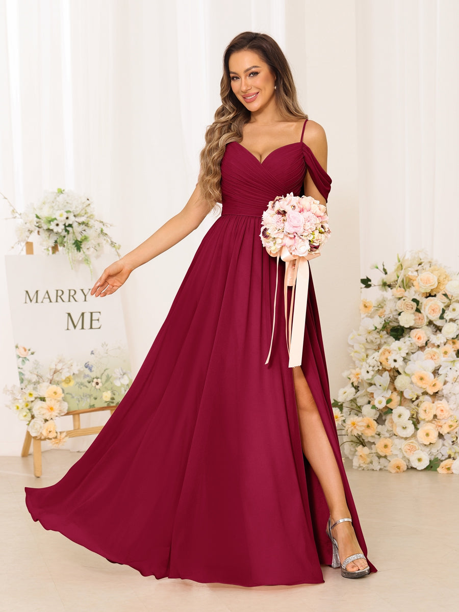 A-Line/Princess Spaghetti Straps Long Bridesmaid Dresses With Split Side Wine Red