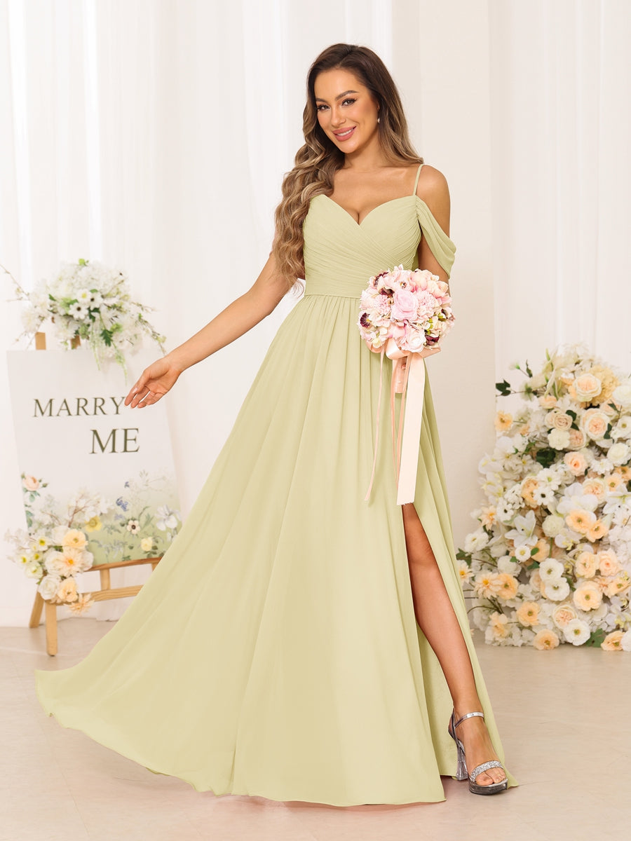 A-Line/Princess Spaghetti Straps Long Bridesmaid Dresses With Split Side Yellow