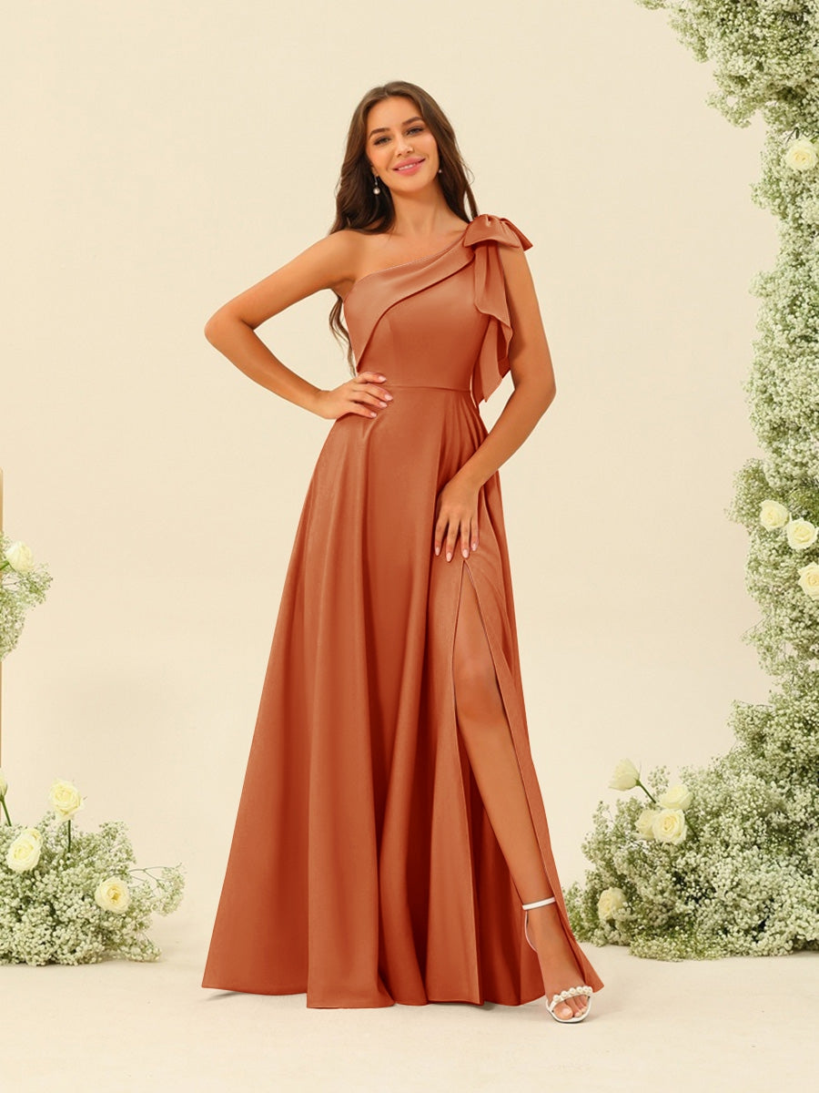 A-Line/Princess One-Shoulder Split Side Bridesmaid Dresses Burnt Orange