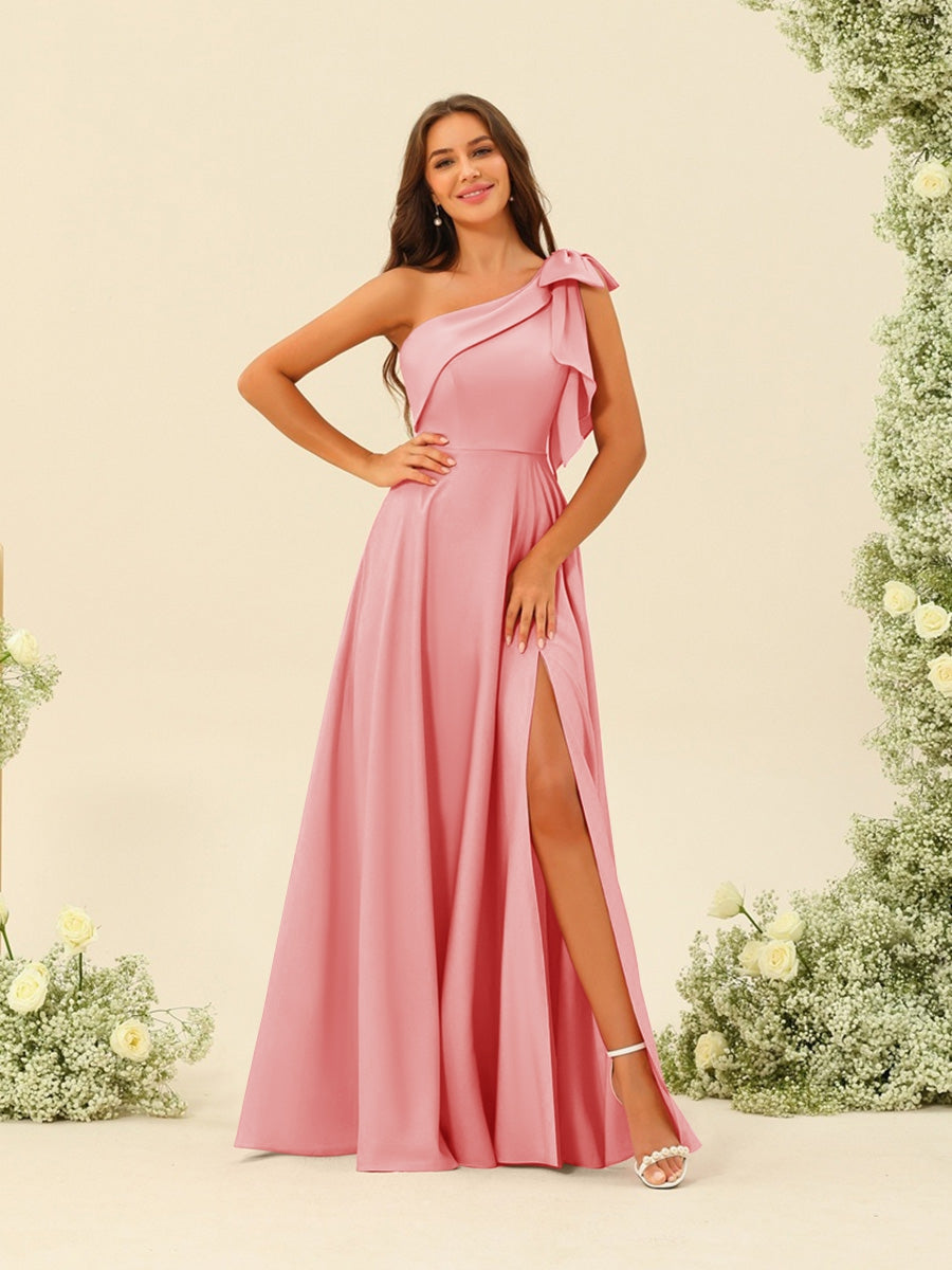 A-Line/Princess One-Shoulder Split Side Bridesmaid Dresses Coral