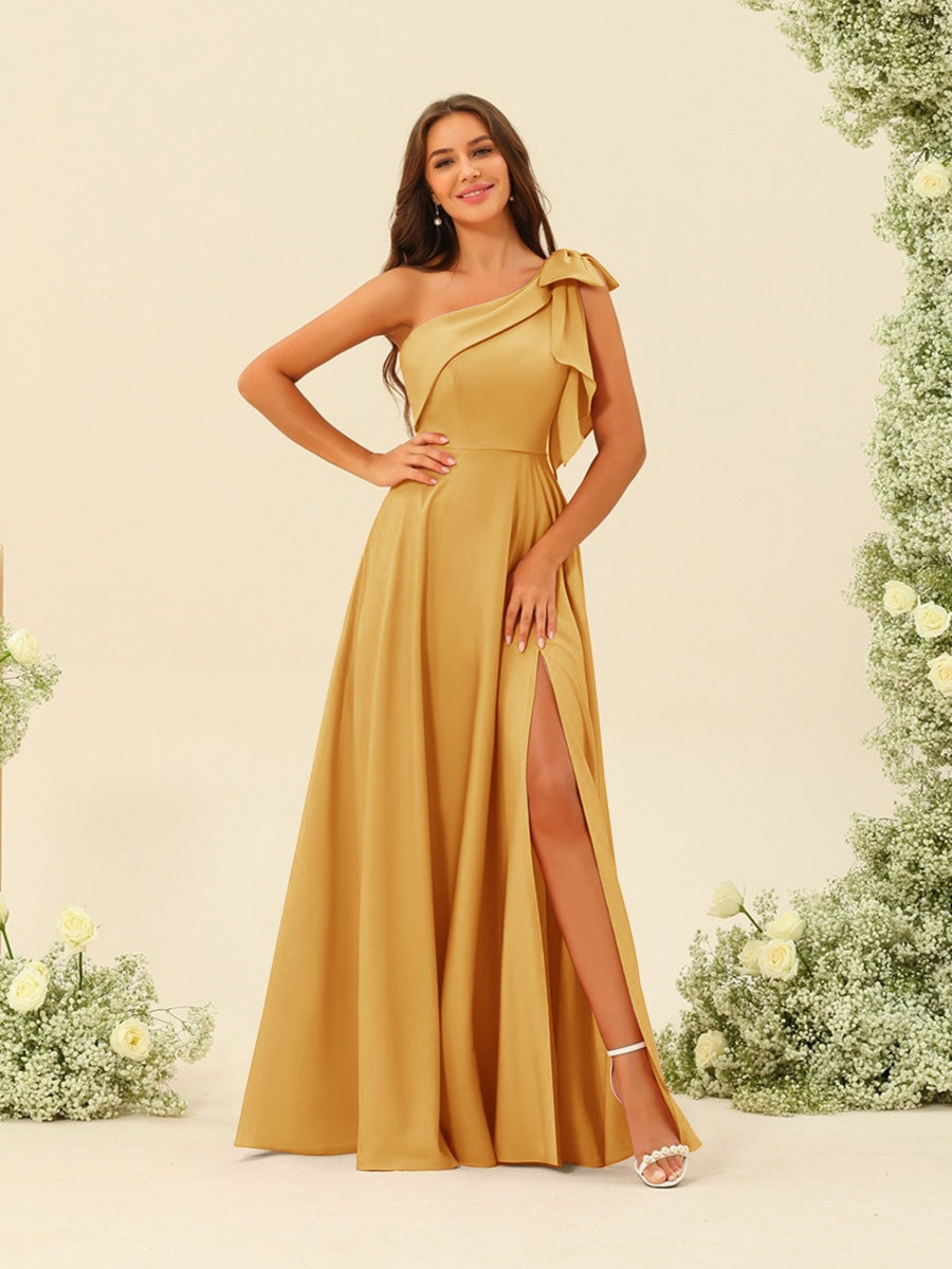 A-Line/Princess One-Shoulder Split Side Bridesmaid Dresses Gold