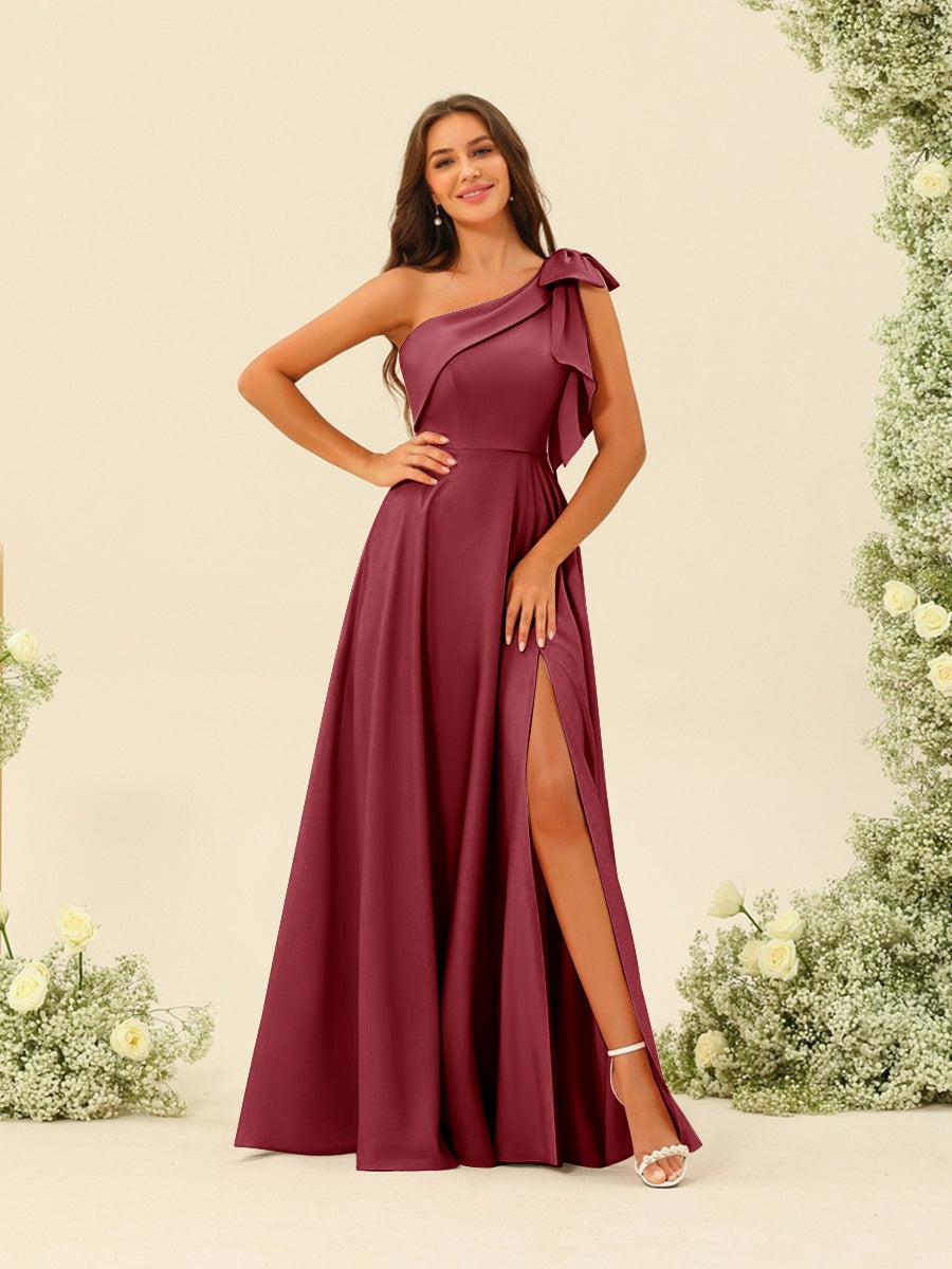A-Line/Princess One-Shoulder Split Side Bridesmaid Dresses Light Burgundy
