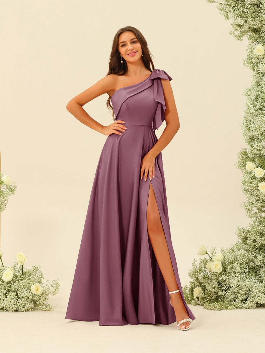 A-Line/Princess One-Shoulder Split Side Bridesmaid Dresses Mulberry
