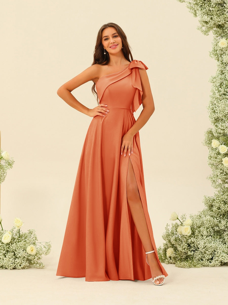 A-Line/Princess One-Shoulder Split Side Bridesmaid Dresses Orange