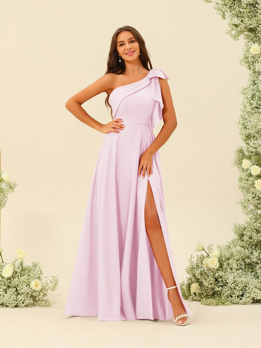A-Line/Princess One-Shoulder Split Side Bridesmaid Dresses Pearl Pink