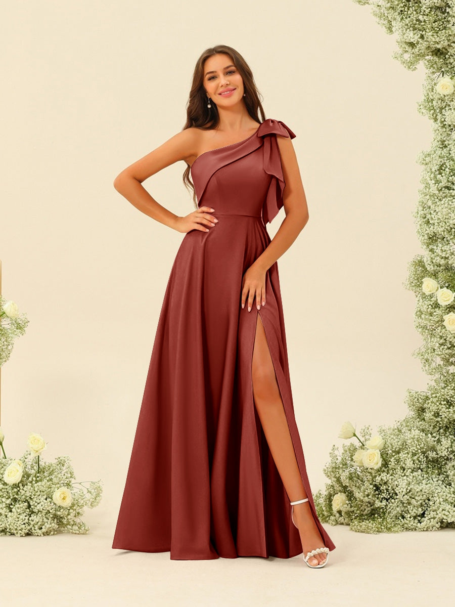 A-Line/Princess One-Shoulder Split Side Bridesmaid Dresses Rust