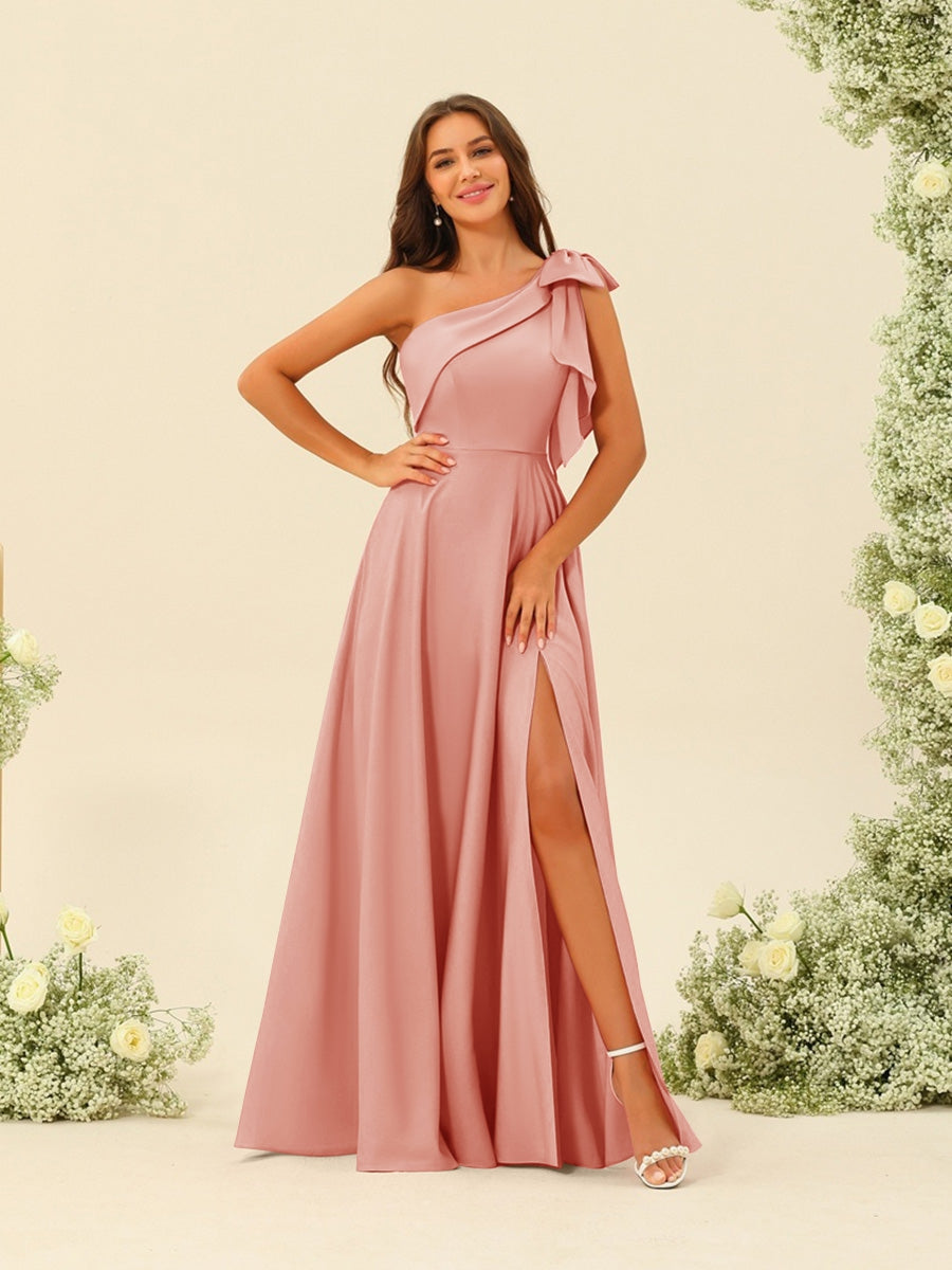 A-Line/Princess One-Shoulder Split Side Bridesmaid Dresses Salmon