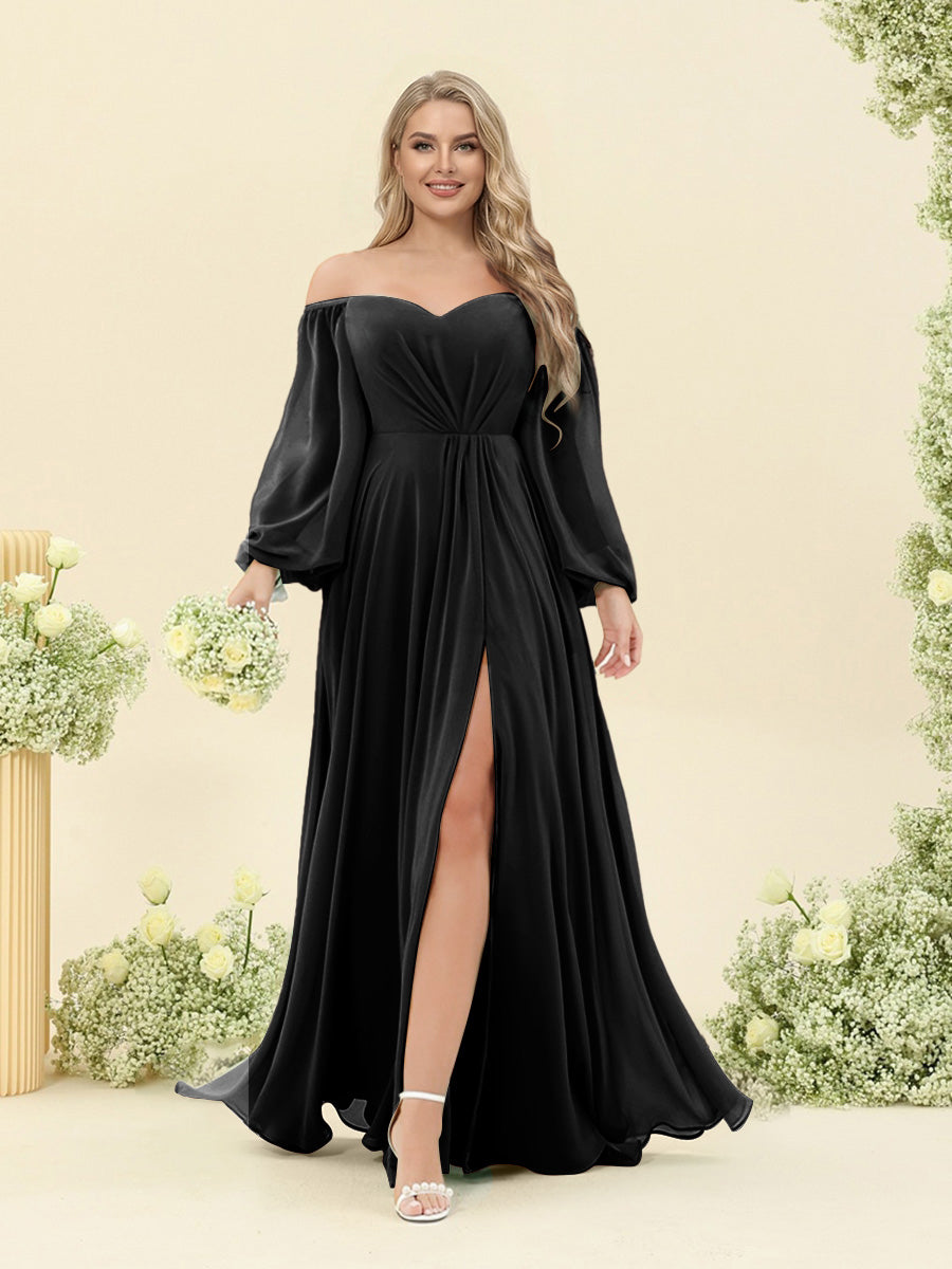 A-Line/Princess Sweetheart Floor-Length Long Plus Size Bridesmaid Dresses with Split Side & Ruffles Black