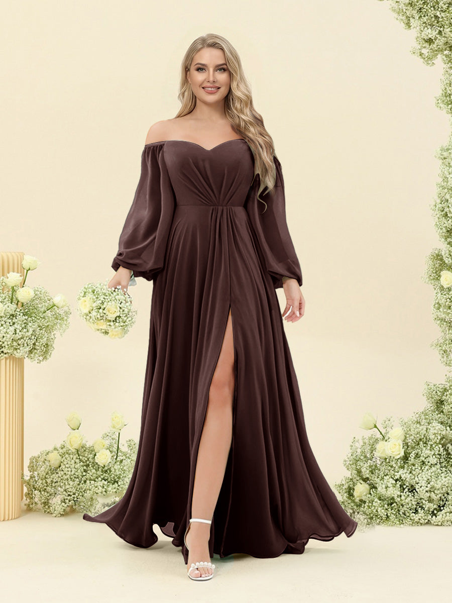 A-Line/Princess Sweetheart Floor-Length Long Plus Size Bridesmaid Dresses with Split Side & Ruffles Brown