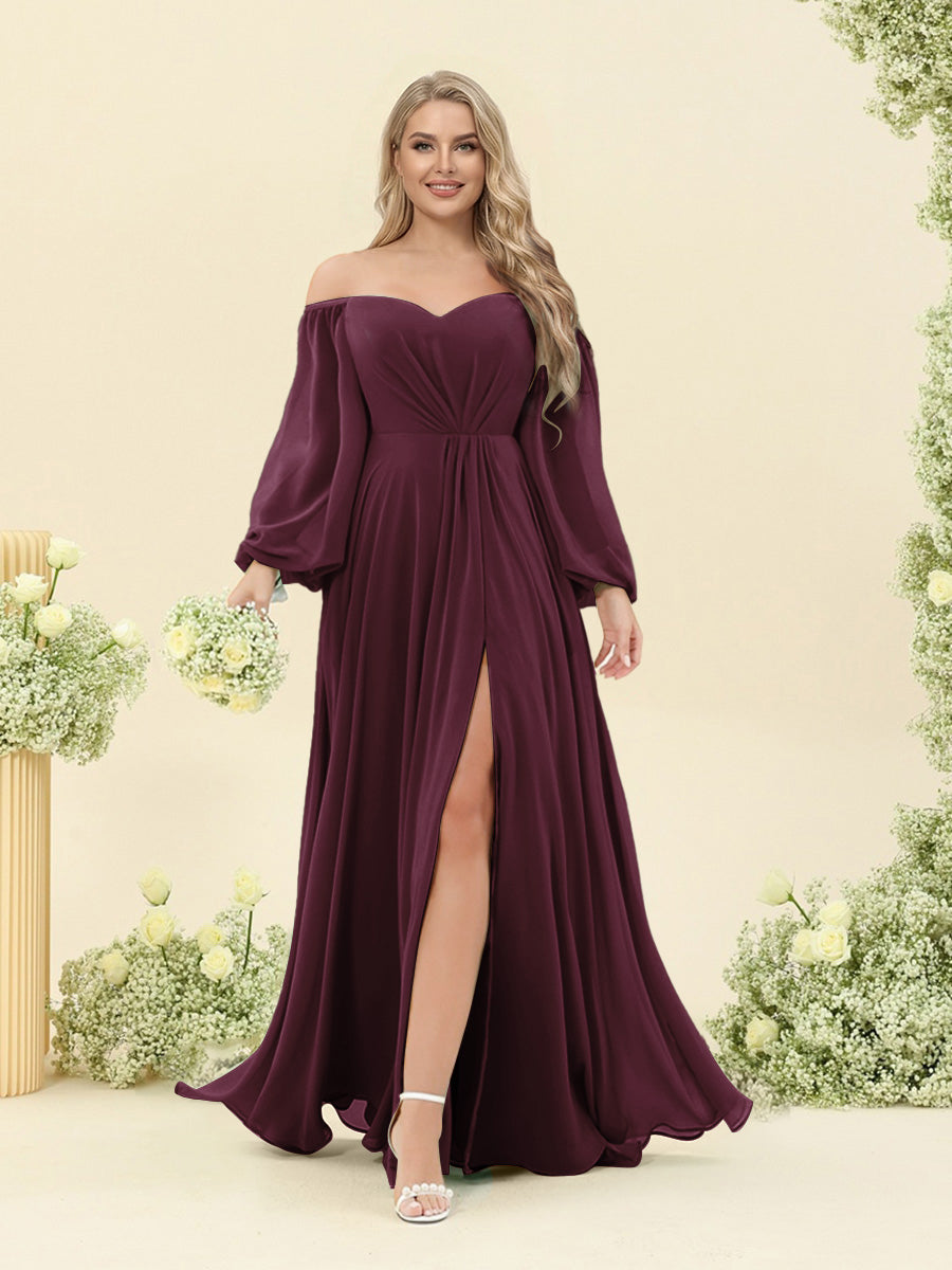 A-Line/Princess Sweetheart Floor-Length Long Plus Size Bridesmaid Dresses with Split Side & Ruffles Burgundy