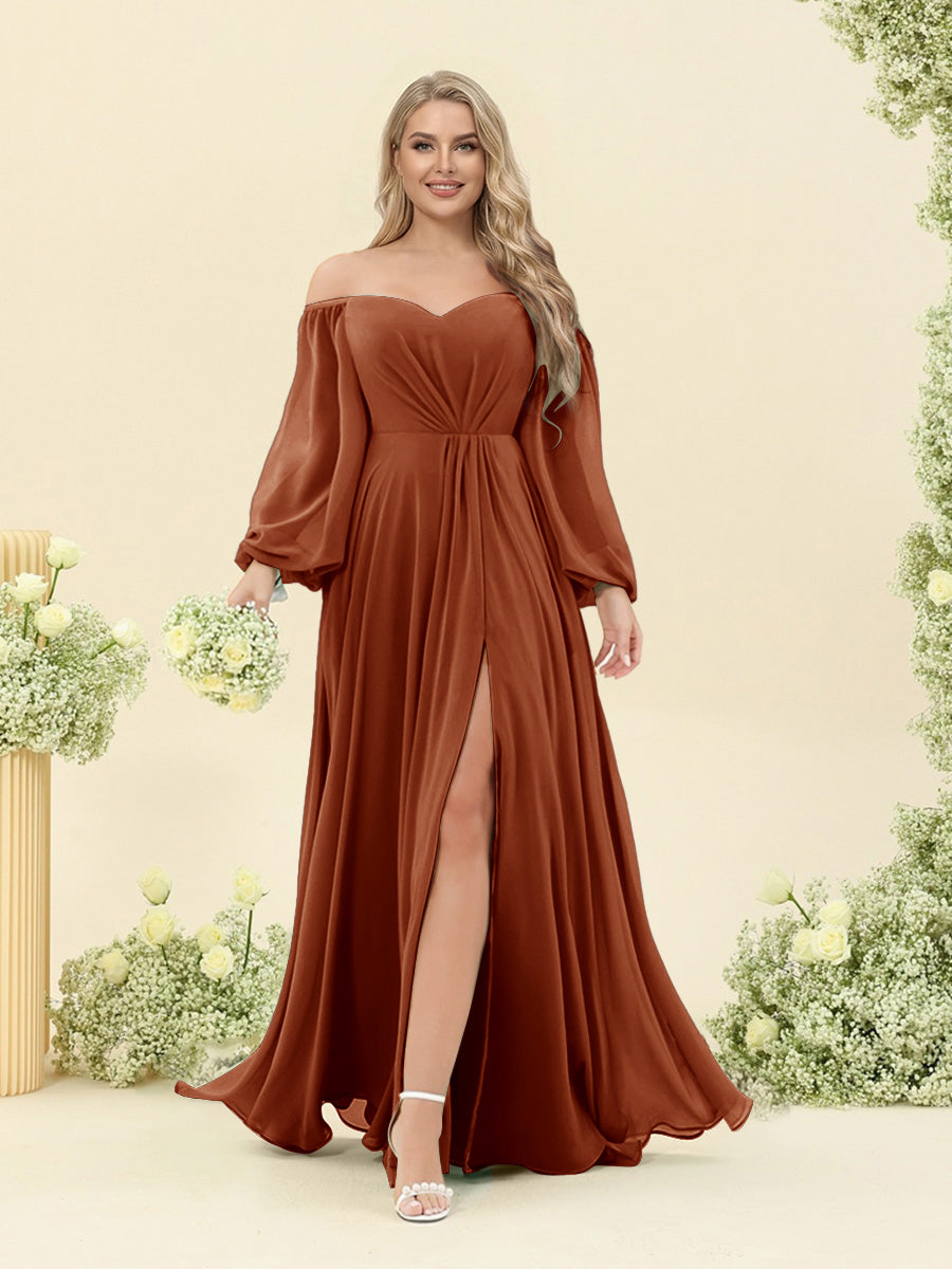 A-Line/Princess Sweetheart Floor-Length Long Plus Size Bridesmaid Dresses with Split Side & Ruffles Burnt Orange