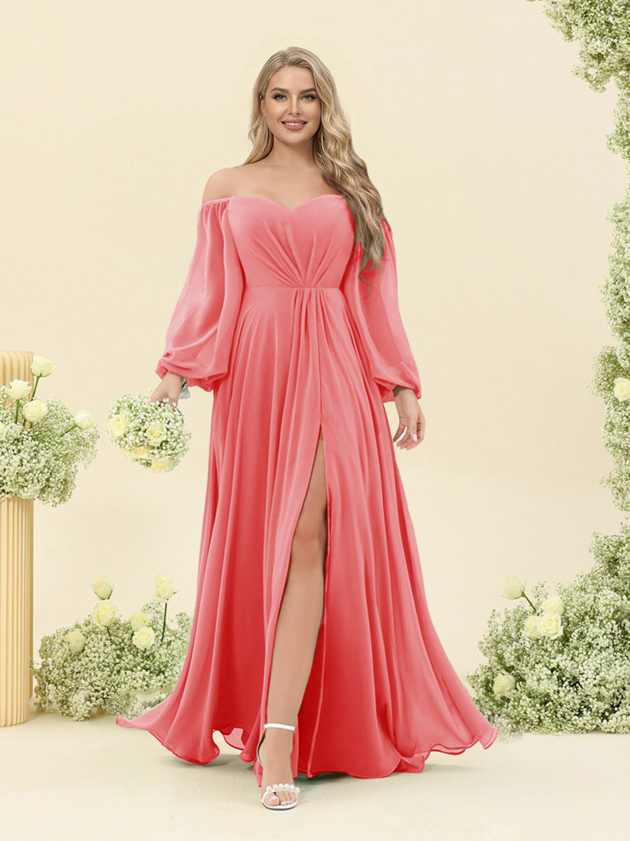 A-Line/Princess Sweetheart Floor-Length Long Plus Size Bridesmaid Dresses with Split Side & Ruffles Coral
