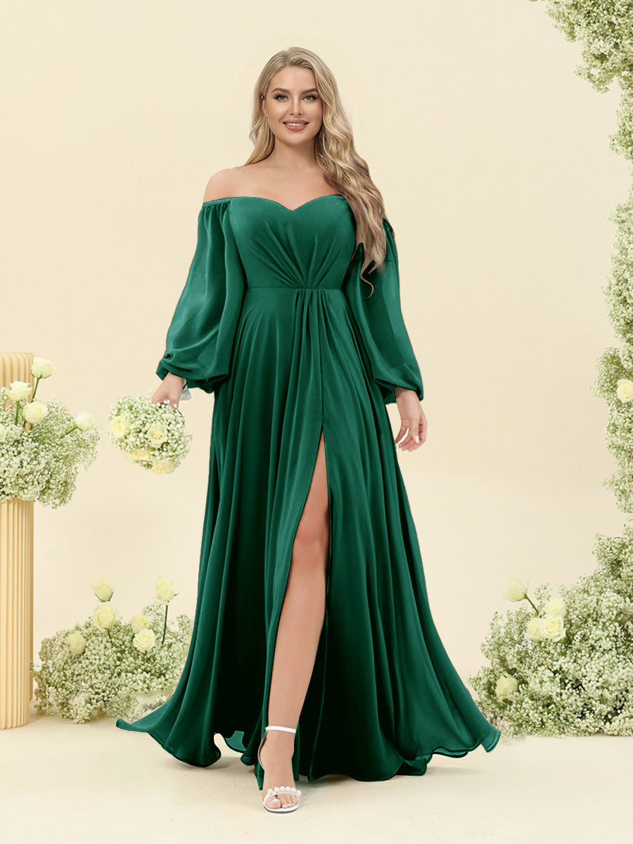 A-Line/Princess Sweetheart Floor-Length Long Plus Size Bridesmaid Dresses with Split Side & Ruffles Dark Green