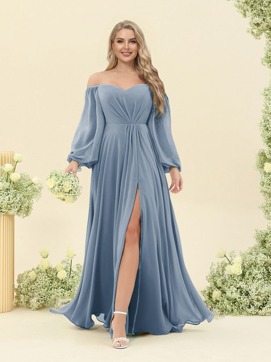 A-Line/Princess Sweetheart Floor-Length Long Plus Size Bridesmaid Dresses with Split Side & Ruffles Dusty Blue