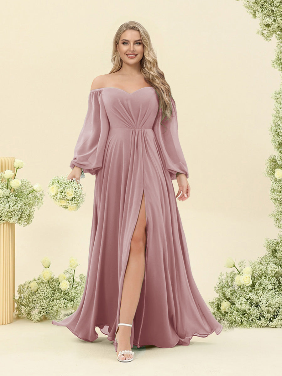 A-Line/Princess Sweetheart Floor-Length Long Plus Size Bridesmaid Dresses with Split Side & Ruffles Dusty Pink