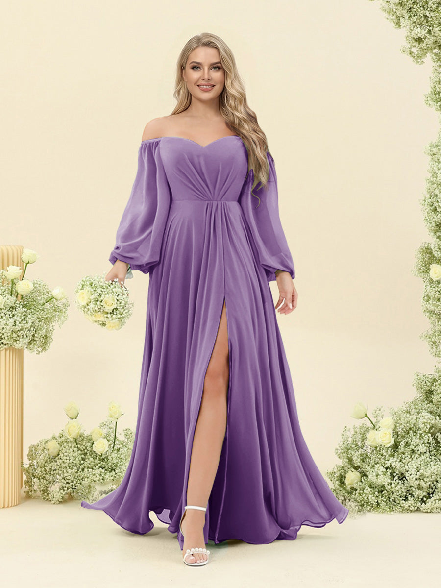 A-Line/Princess Sweetheart Floor-Length Long Plus Size Bridesmaid Dresses with Split Side & Ruffles Dusty Purple
