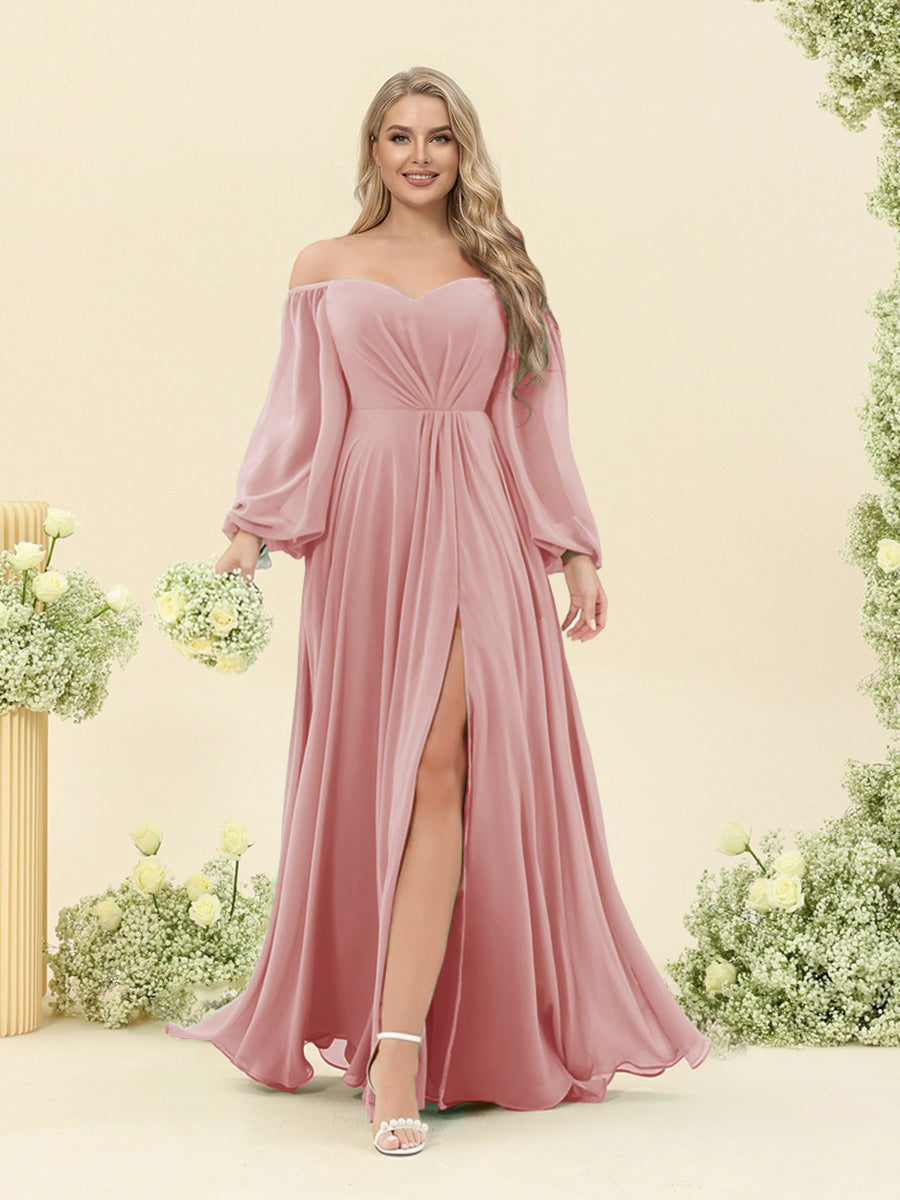 A-Line/Princess Sweetheart Floor-Length Long Plus Size Bridesmaid Dresses with Split Side & Ruffles Dusty Rose