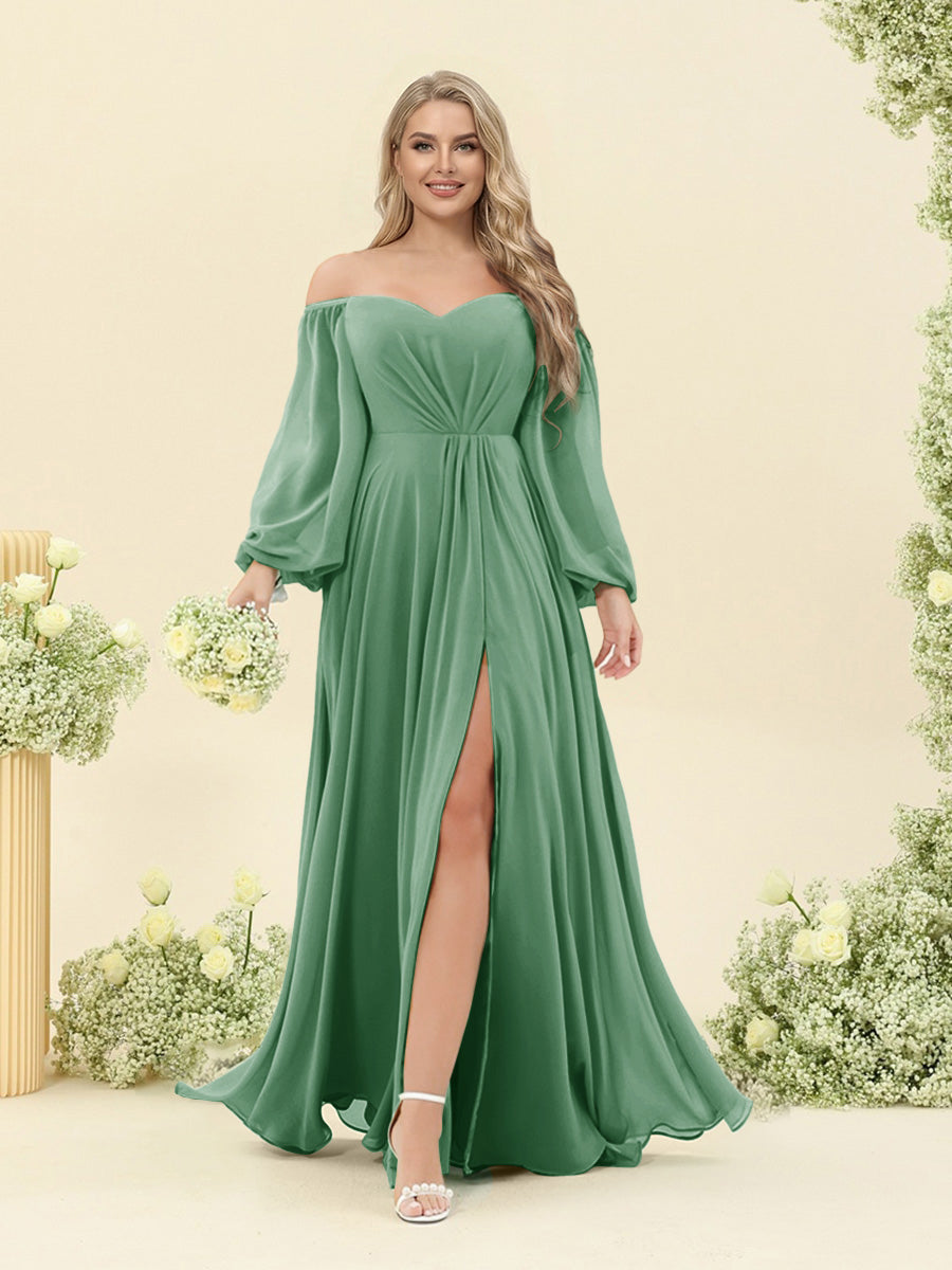 A-Line/Princess Sweetheart Floor-Length Long Plus Size Bridesmaid Dresses with Split Side & Ruffles Eucalyptus