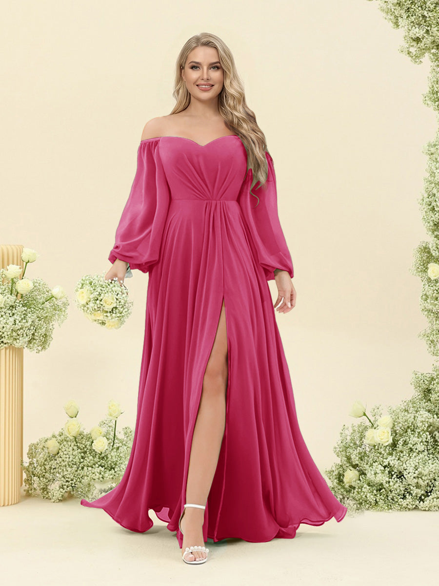 A-Line/Princess Sweetheart Floor-Length Long Plus Size Bridesmaid Dresses with Split Side & Ruffles Fuchsia